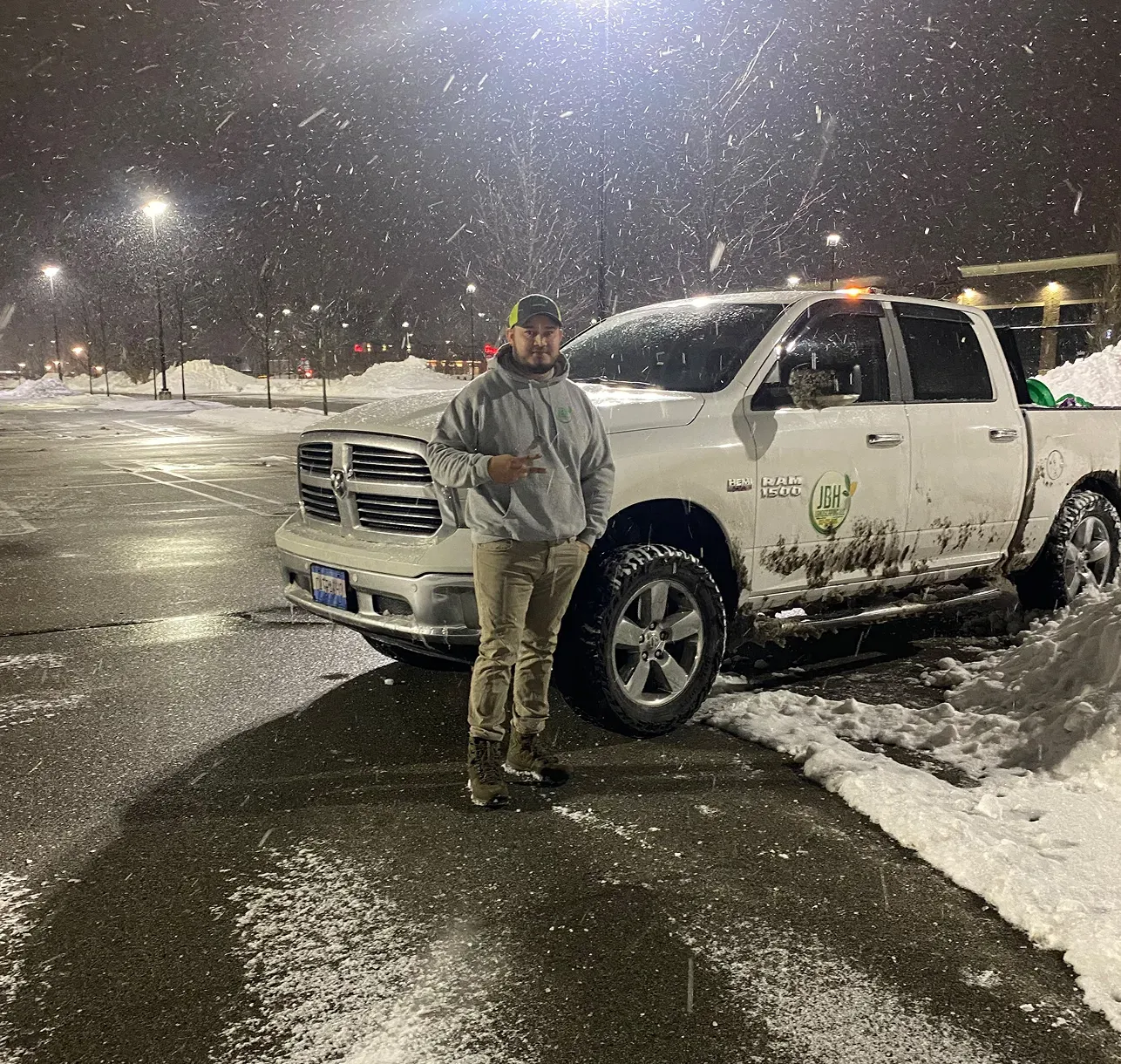 A JBH Landscaping truck out plowing snow overnight near Dayton, Ohio