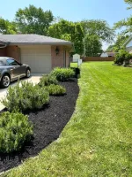 A curved front bed with fresh mulch