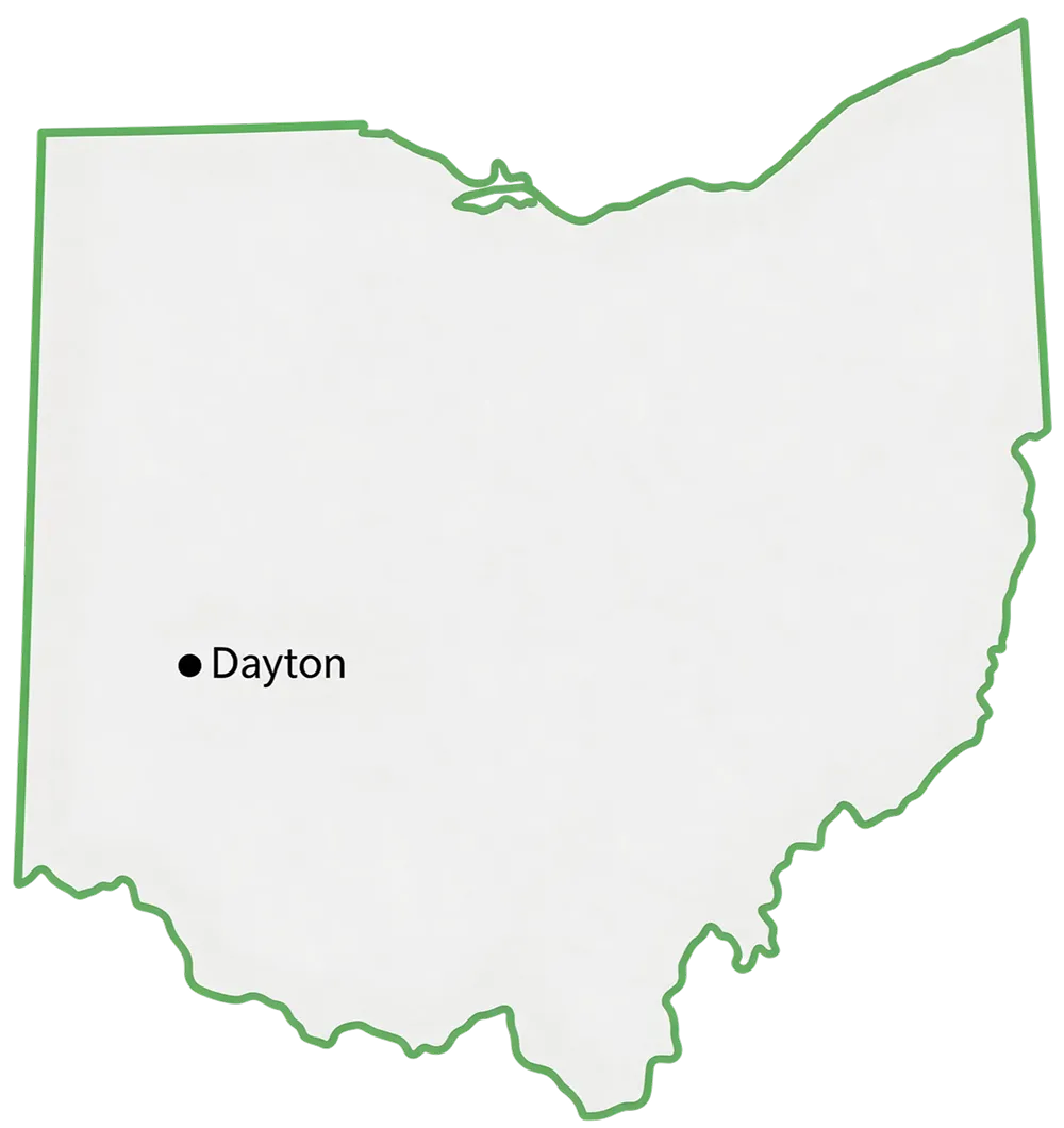 A map of Ohio with JBH Landscaping's service area centred on Dayton