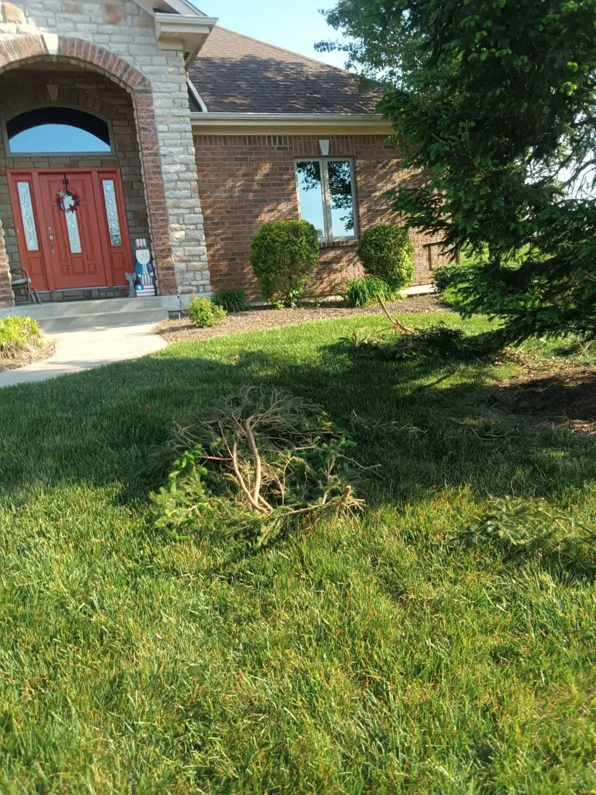 A pruned evergreen branch left on the lawn in front of a brick and stone home